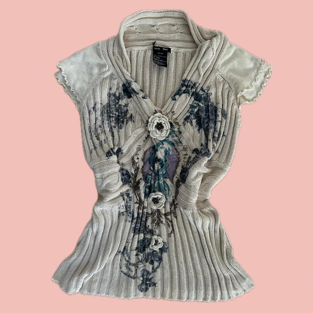 Alison Sheri Knit T-Shirt – Rosette Detail, Floral Pattern, Beige Cotton Top (XS